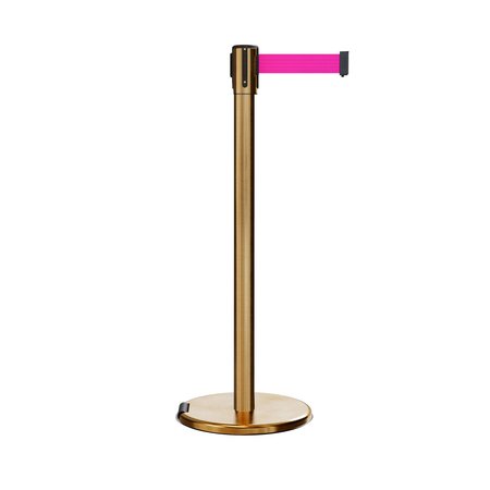 MONTOUR LINE Retractable Belt Rolling Stanchion, 2ft Sat.Brass Post  9ft. Fl.Pnk ME530-SB-FPK-90